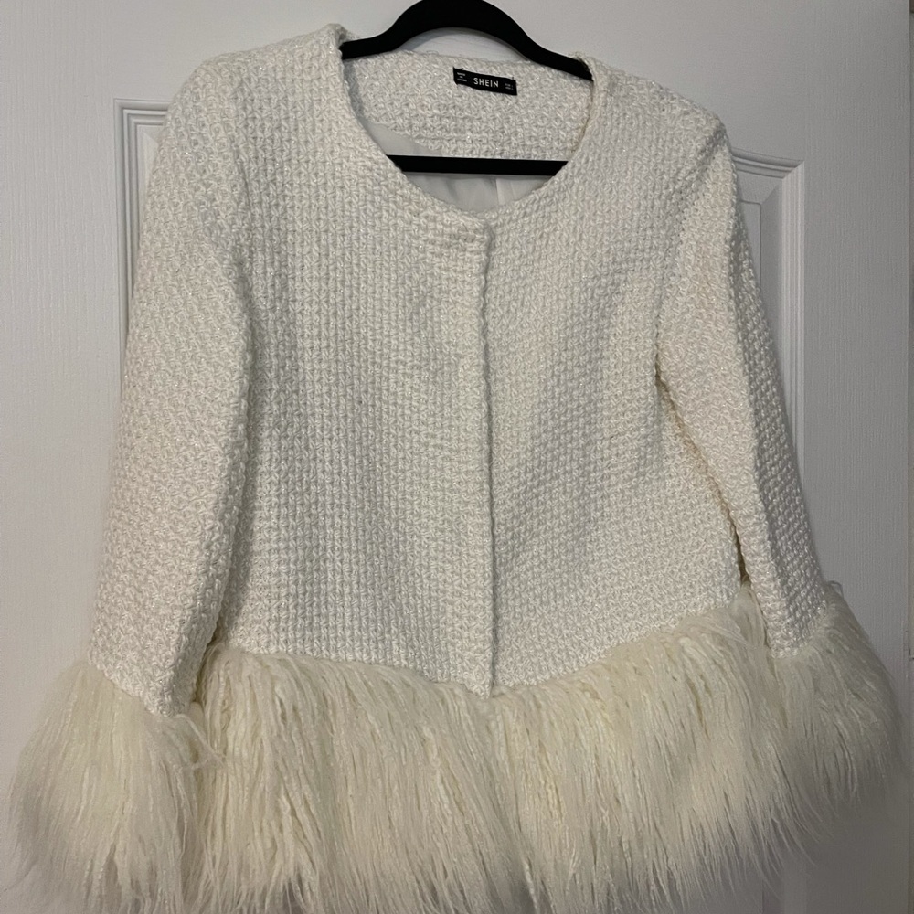 White Fuzzy Trim tweed blazer